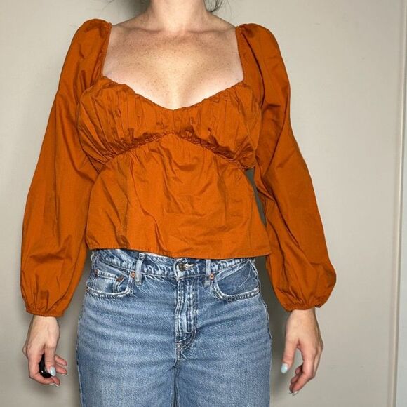 Abercrombie &Fitch Pintucked V-Neck Babydoll Blouse Cotton Orange Rust Sz Small - Picture 1 of 4